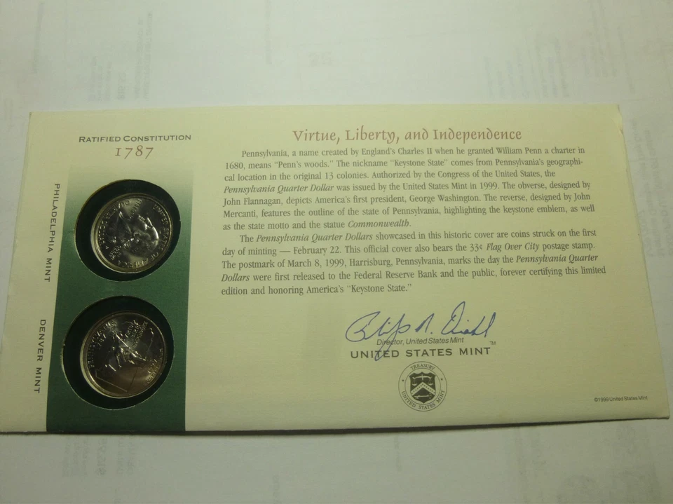 1999-P&D U.S. MINT PENNSYLVANIA OFFICAL COMMEMORATIVE COIN COVER  THE FIST STATE - Image 2 of 4