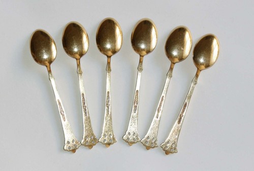 RETRO SET 6 GOLD GILT STERLING SILVER & ENAMEL COFFEE SPOONS -T. Olsen of Norway - Picture 3 of 18