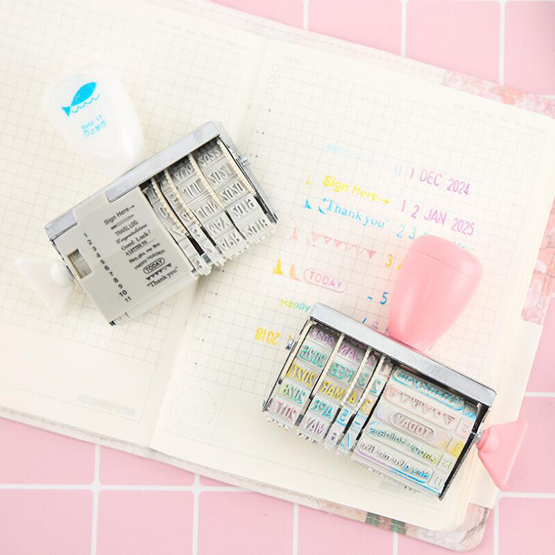 Portable Roller Stamp Words Date Seal Inkpad DIY Scrapbooking Card