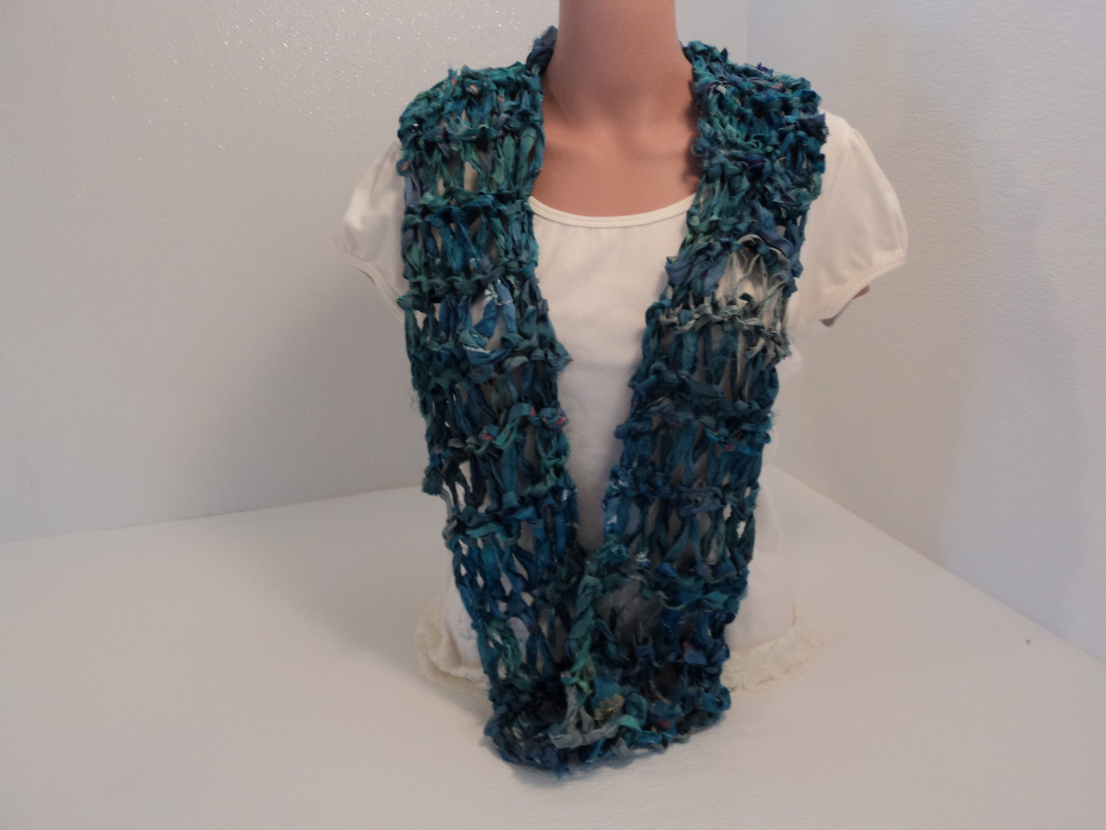Handcrafted Wrap Cowl Blue Recycled Silk Ribbon Female