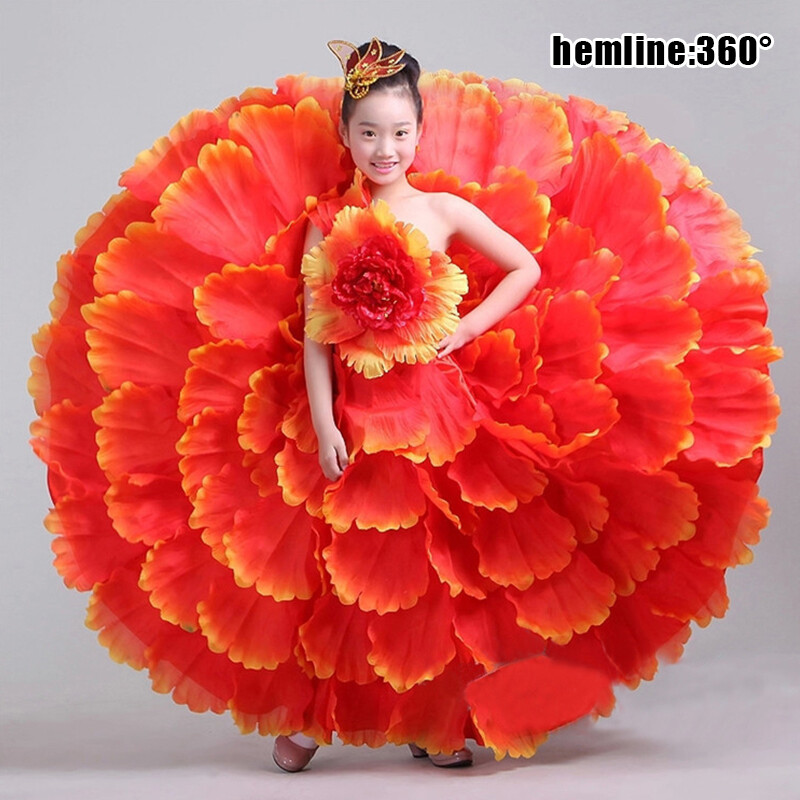 Vestido de Flamenca Español 360-720Grados Niño Columpio Falda Escenario Actuación Disfraz