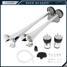 Loud Dual Trumpet Train Air Horn System Kit For Car Truck 12V Chrome Color
