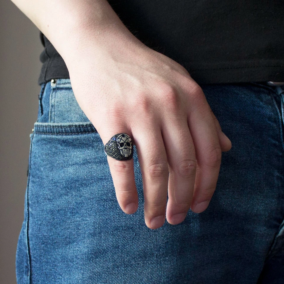 Anillo de plata esterlina 925 maciza negro micro piedra calavera para hombre Foto 4 de 4