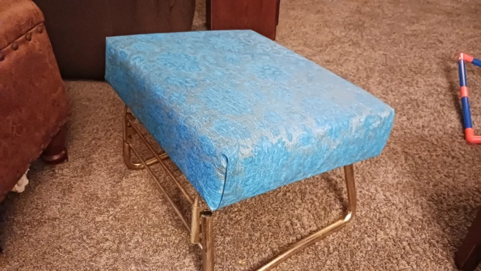 Mid Century 2 Level Adjustable  Ottoman Pearl Wick Leg Lounger Blue Vinyl - Image 3 of 4