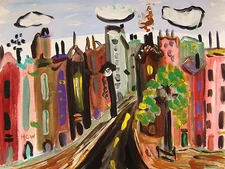 ORIGINAL URBAN City Landscape Naive Folk OUTSIDER MCW  art Mary Carol Primitive