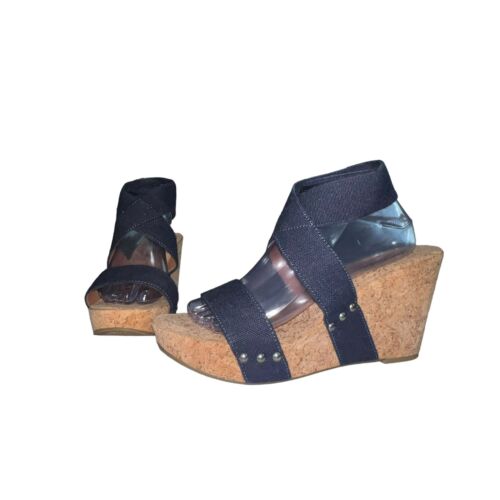 Lucky Brand Sandals Womens 11B Marinah Strappy Slingback Cork Wedge Blue Fabric
