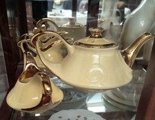 50s Teapot Set Pearl China Company Luster Yellow w/22kt Gold Band Edges 