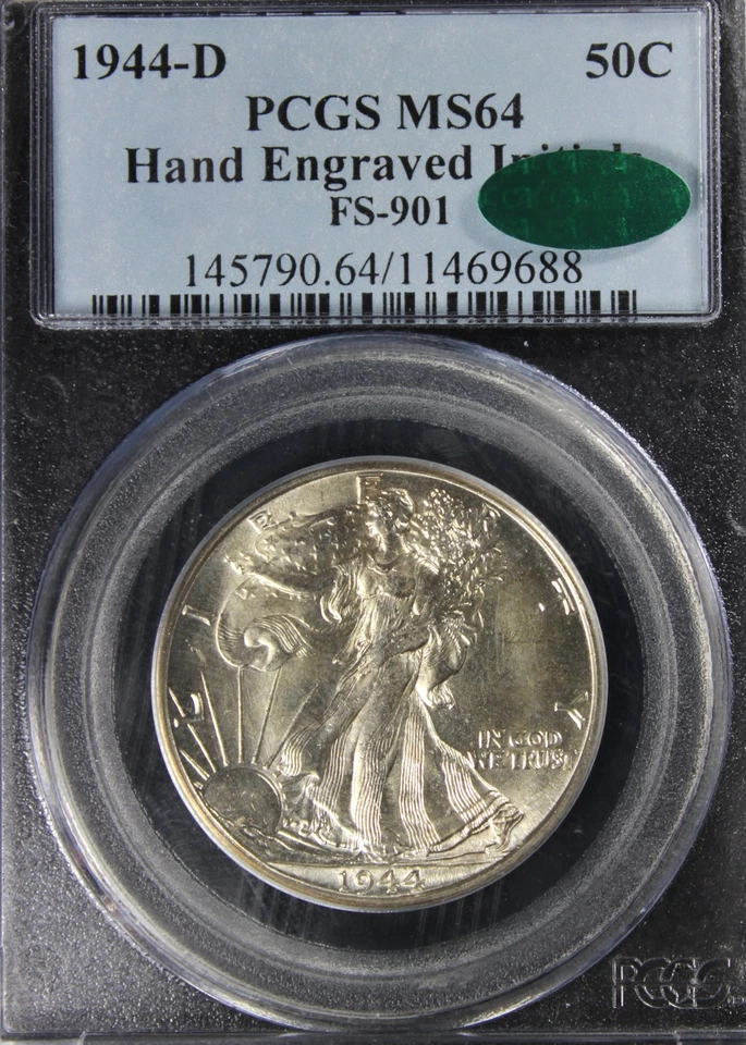 Medio dólar Walking Liberty 1944-D MS64, grabado a mano, CAC, PCGS 11469688 Foto 4 de 4