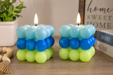 Set of 2 LED Bubble Candles Battery Operated Decorative Cube Candles Blue Green
