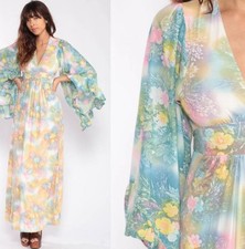 Vtg 60s Floral Maxi Dress Angel Wing Ethereal Whimsy Fairycore Romance Boho Lg
