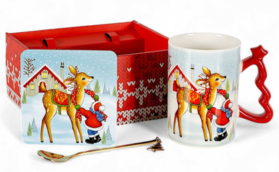 Vintage Reindeer Porcelain Mug Gift Set - Christmas Mug Set w/Teaspoon + Coaster