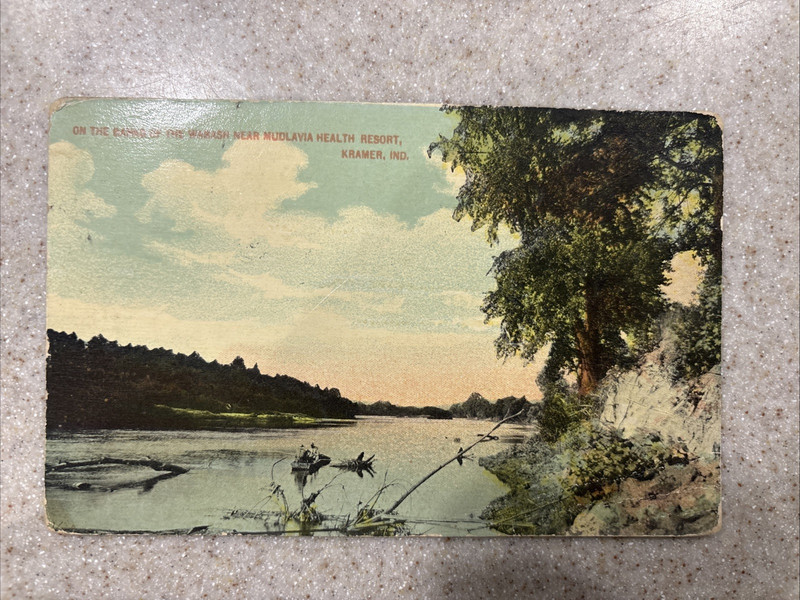 Postcard Kramer, IN. On the Banks of the Wabash. Mudlavia Health Resort. 1912.