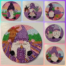 Diamond Art Gnome Coaster Set Lavender Rhinestone Coasters w Holder