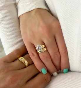 Authentic Couples 14K Yellow Gold Plated Real Moissanite Matching Wedding Trio Ring Set