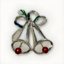 Vintage Gerry’s Christmas Silver Tone Bells Red Green Blue Enamel Bow 1.75”x2”