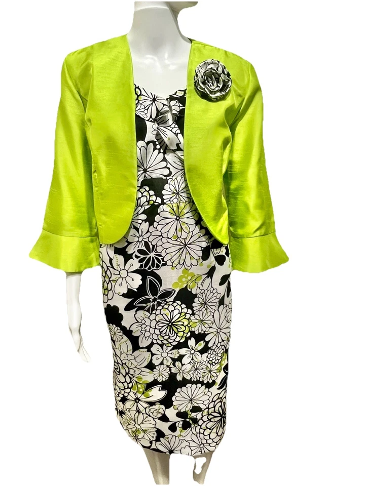 Dana Kay Green Jacket & White/Black Sheath Dress Suit Size 8 Church Suit Bust 38 - Image 3 of 4