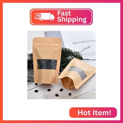 BEISHIDA 100 Pack 3.5 x 5.5 Inch Kraft Paper Resealable Bags with Clear Window,