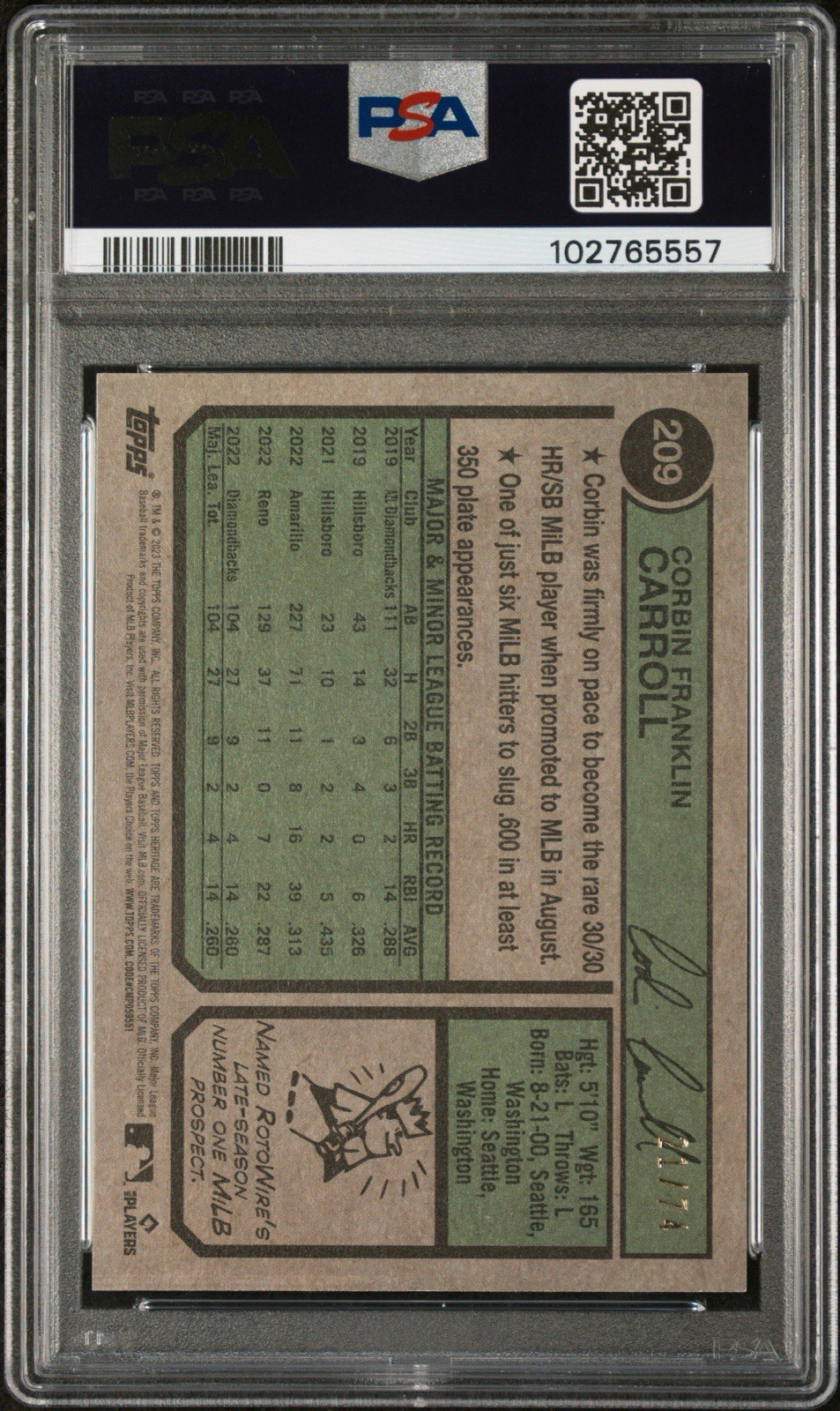 Topps 2023 Heritage Corbin Carroll #209 Chrome Black Refractor /74 PSA 10 view 2