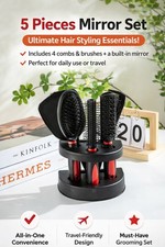 5-Piece Hairdressing Brush, Comb & Mirror Set with Holder – All Hair Types