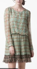 Lavand Anthropologie Dress Womens Medium 8 Green Geometric Pleated Mini Boho