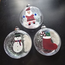 Three Snow Globe Painted Santa Claus Snowman Christmas Stocking Ornaments