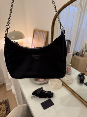 prada re edition nylon black bag silver hardware with authentication card/strap