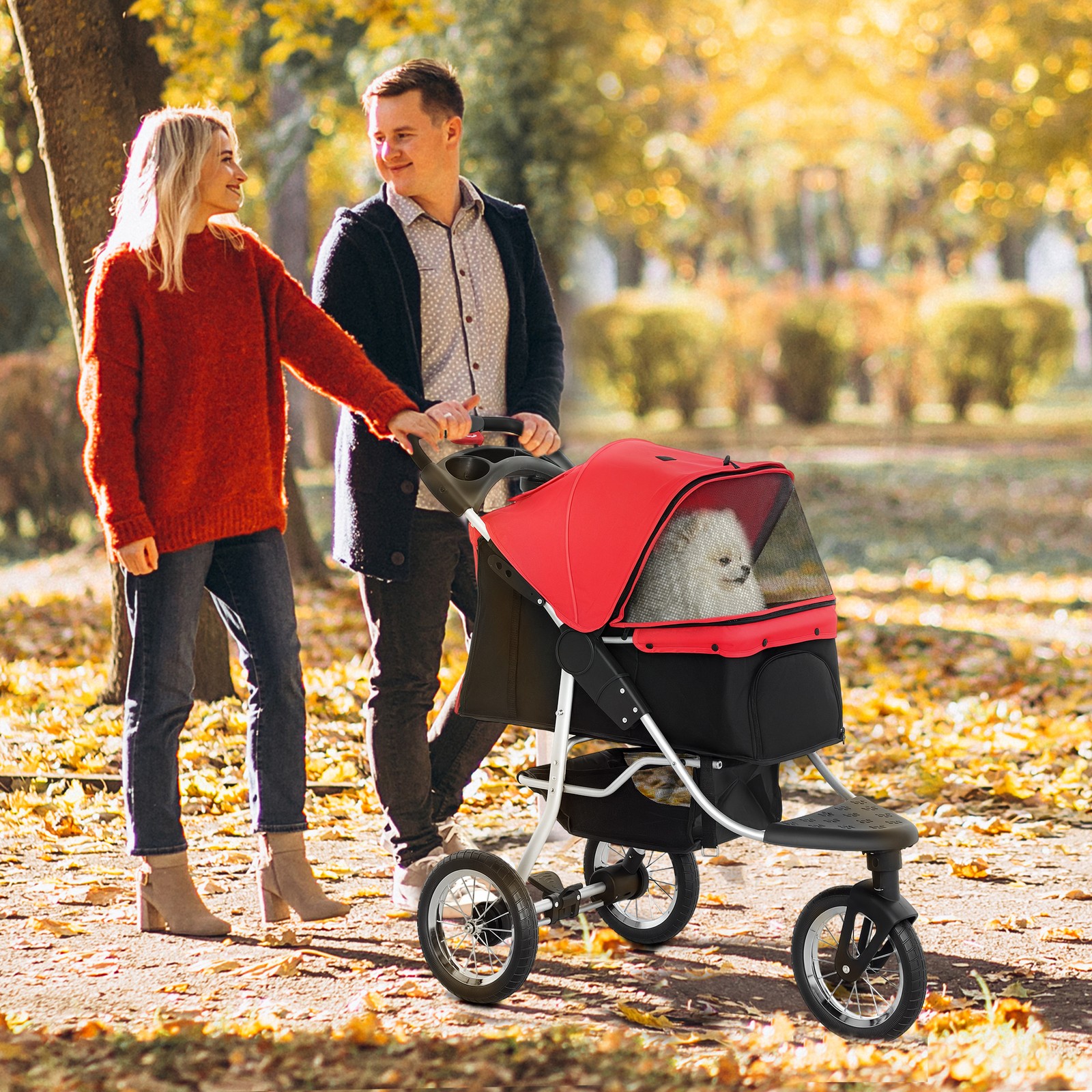 PawHut Passeggino per Cani Passeggino per Cani Gatti Pet Passeggino con 3 Ruote Pieghevole Rosso