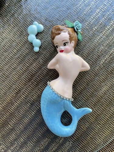 Ceramic Mermaid Wall Plaque Rhinestones Flower And Bubbles
