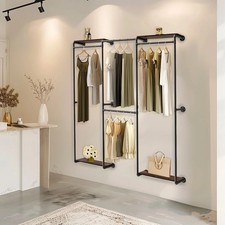 Industrial Pipe Wall-Mounted Clothing Rack with Storage Shelves Space-Saving