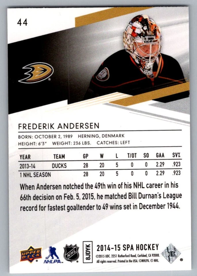 2014-15 SP Authentic Frederik Andersen Anaheim Ducks #44 - Image 2 of 2