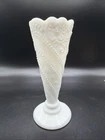 Vtg LE Smith Milk Glass Beads Stars Footed Vase 6.5" Scalloped Cottagecore