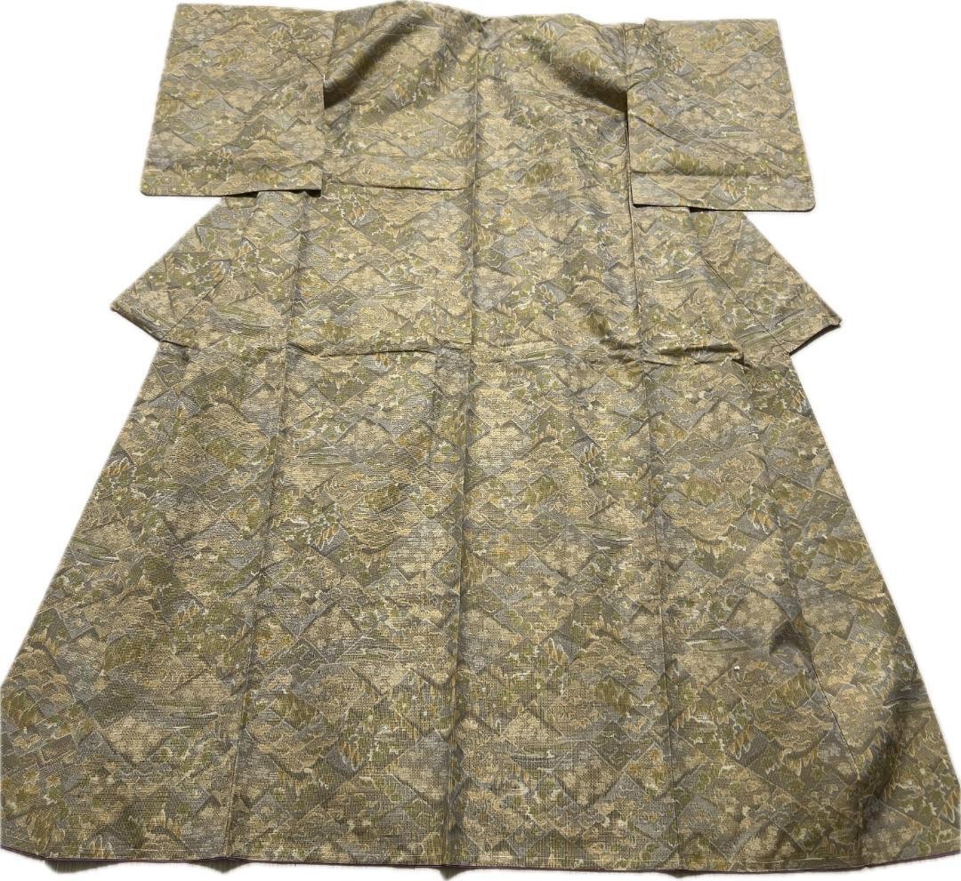 Kimono Small Pattern Lining Brown-Green Gray Pure… - image 5