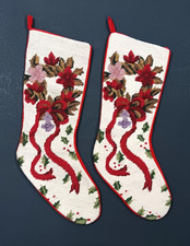 VTG Needlepoint Poinsettia Stockings 2 Wool Wreath Holly Velvet Back Christmas