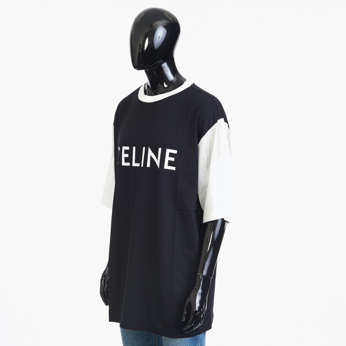 CELINE 1250$ Crewneck T-shirt - Logo Print, Sequined Fringes CELINE 1250$ Crewneck T-shirt - Logo Print, Sequined Fringes