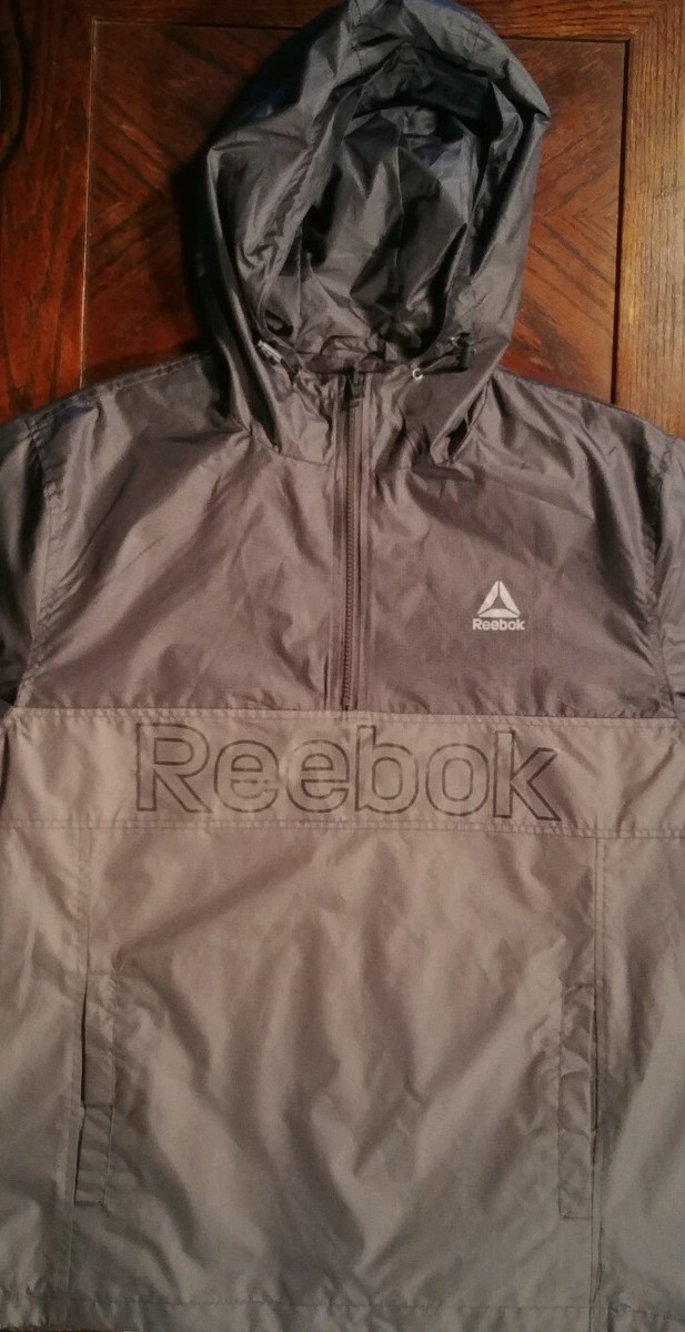 NWT Reebok Windproof Waterproof Hooded Rain Jacket Spellout Gray Mens XL  $150