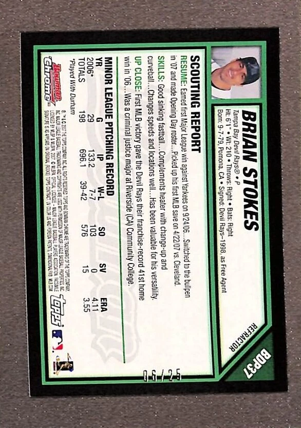 2007 Bowman Draft Chrome Orange Refractor #BDP37 Brian Stokes /25 - Image 2 of 3