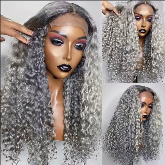 22 inch Long Deep Curly Grey Highlight Lace Front Human Hair  display picture 1