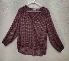 Max Studio Women Top Large Burgundy Patterned 100% Polyester Casual Fit Blouse