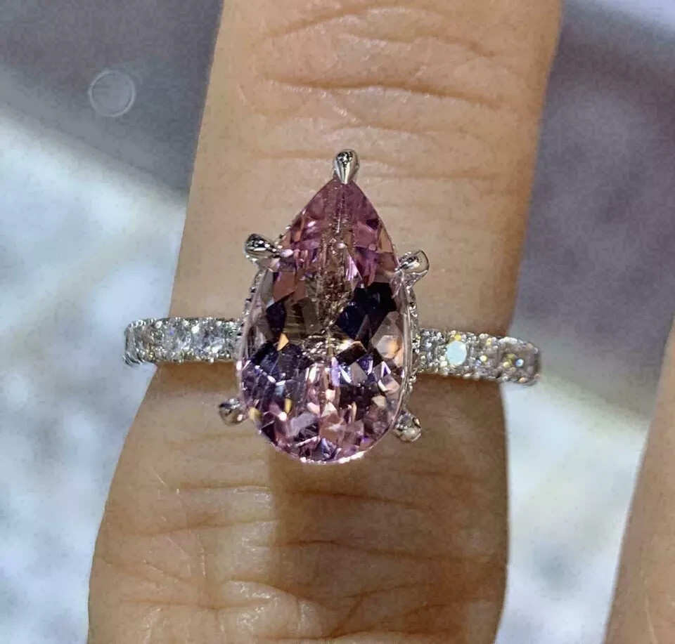 14K White Gold Finish 2Ct Pear Cut Morganite Diamond Solitaire Engagement Ring