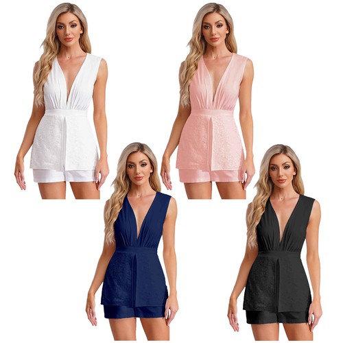 Womens Rompers One Piece Jumpsuits Panel Bodysuit Sleeveless Deep V-neck Lace