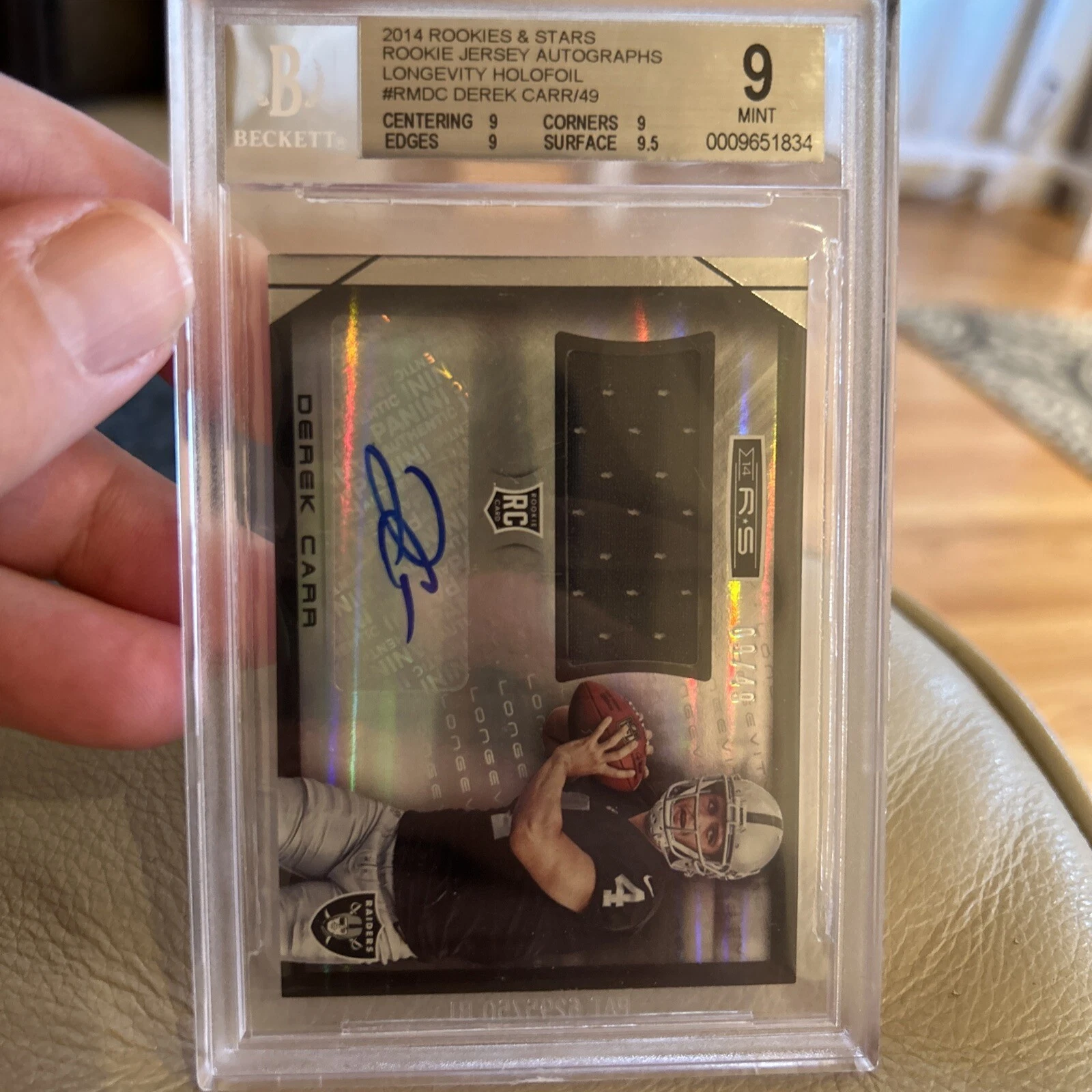 Derek Carr Panini Rookies & Stars Rookie Materials Signatures #RMDC Longevity Holofoil