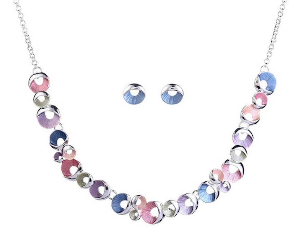 SCHMUCKSET DAMEN SILBER HALSKETTE COLLIER OHRRINGE VERSILBERT ROSA BLAU BUNT NEU - Bild 1 von 1