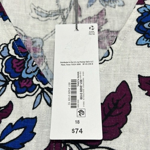 Robe en lin femme Liz Claiborne taille 18 blanche fleurie manches courtes ligne A NEUVE - Photo 13 sur 14