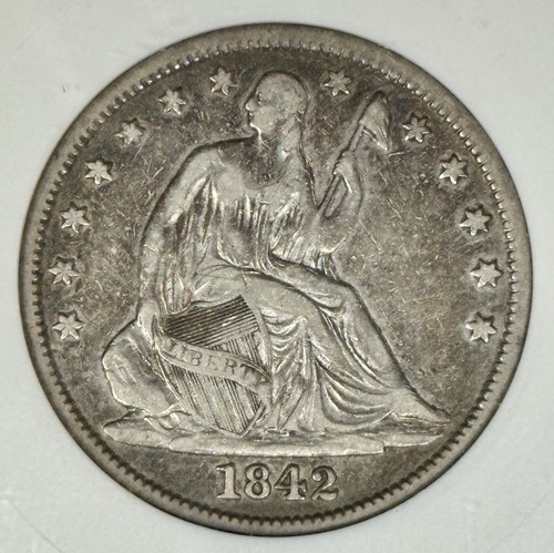1842 50c SEATED HALF DOLLAR MEDIUM DATE ANACS XF EF 40 Old White Vintage Holder - Picture 3 of 4