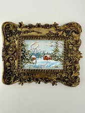 Tiny Masterpiece: Handmade Landscape Painting with Rustic Cottage – Vintage Gold