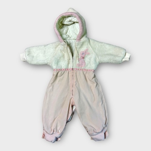 Vintage Infant Hooded Snowsuit Pink White Bunny Quilted Lining Zip Up Bunting
