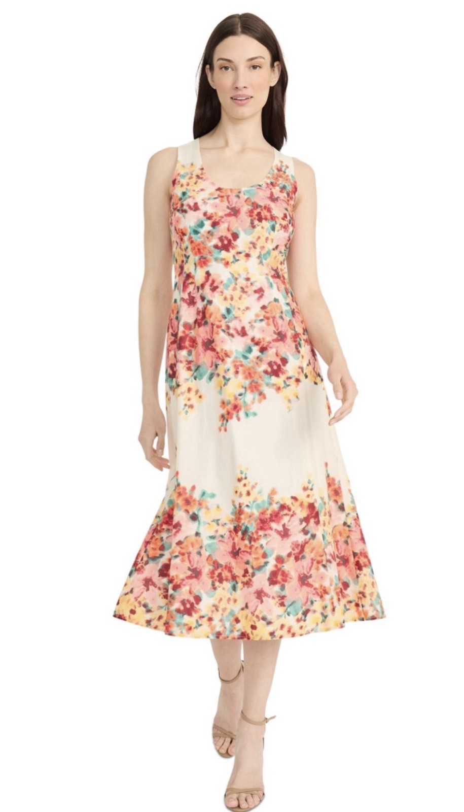 Maggy London Women’s Floral-Print Cotton Midi Dress-Cream/Orange, Size-2