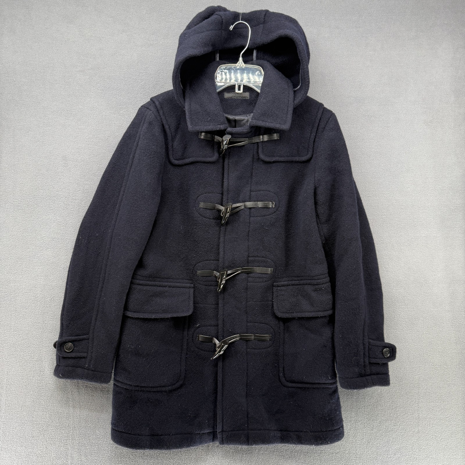 Uniqlo Duffle Coat Womens 4 Navy Blue Wool Blend Hooded Toggle Pockets