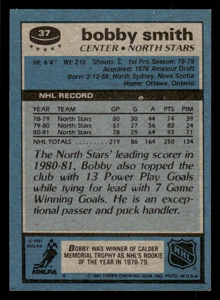 1981-82 Topps #37 Bobby Smith - Image 2 of 2