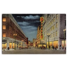 5th Avenue Seattle Night View Postcard - 1940s Old Downtown Theatre Street Linen